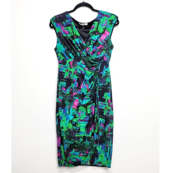 London Times Vibrant Abstract V-Neck Ruched Dress 8 - Picture 1 of 7